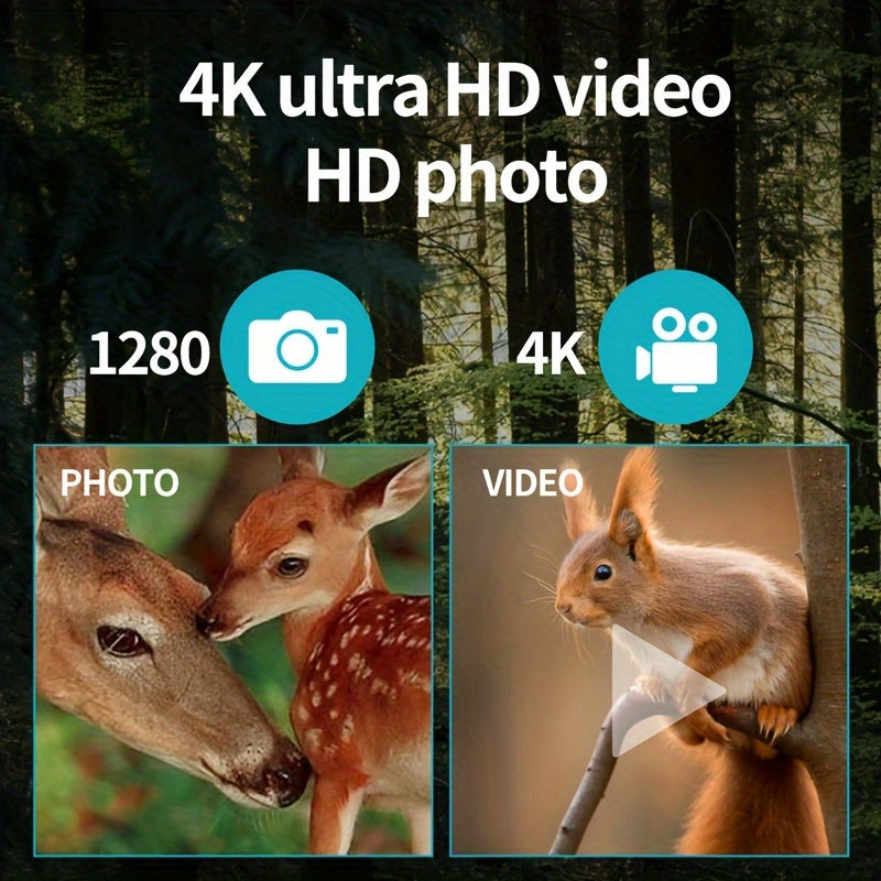 Night vision monocular rifle scope showing 4K ultra HD video and HD photo of wildlife in forest