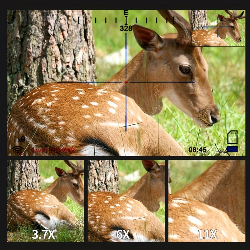 Night vision monocular rifle scope view targeting a resting deer with magnification levels 3.7x 6x and 11x detailed