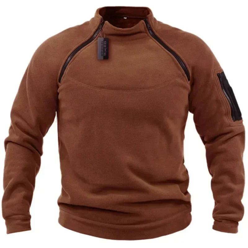 Brown tactical windproof sweater with zippered shoulder vents and sleeve pocket from Military-Outdoors.com