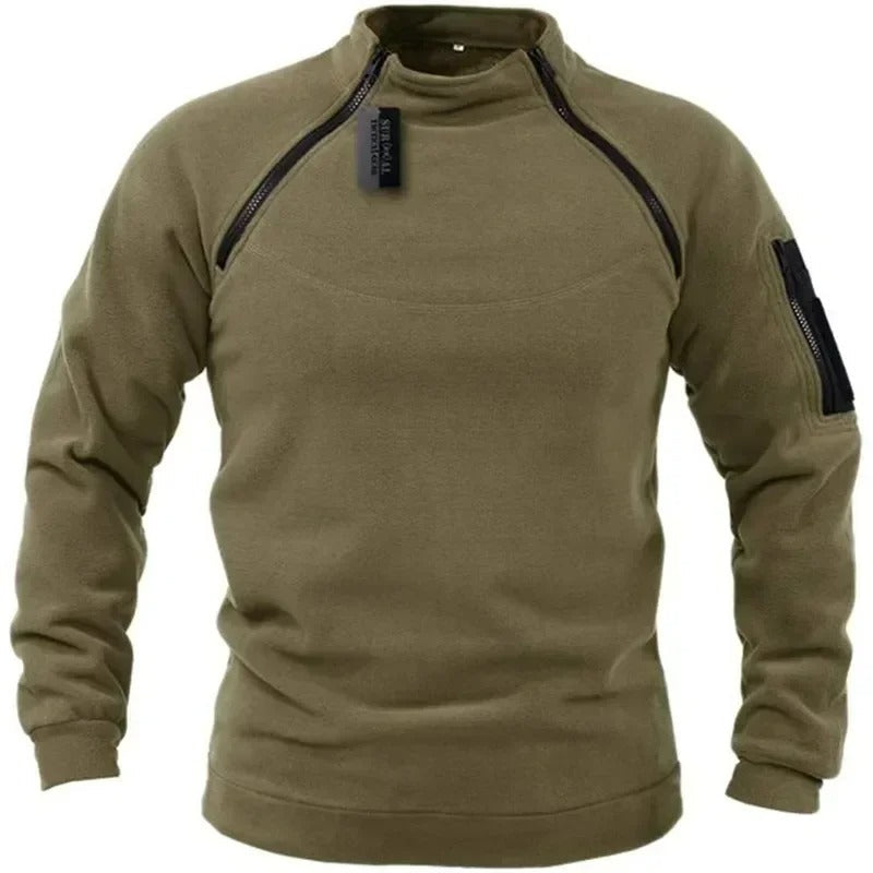 Olive green tactical windproof sweater with zippered shoulder details and sleeve pocket