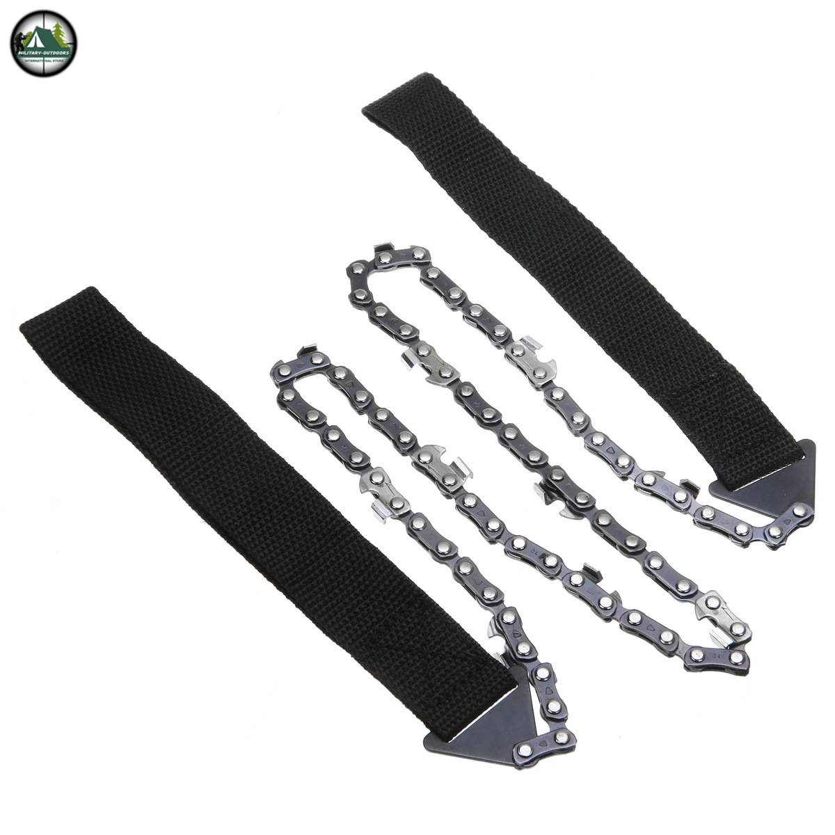 Military-Outdoors.com ultimate pocket chainsaw with metal chain and black fabric handles for outdoor cutting