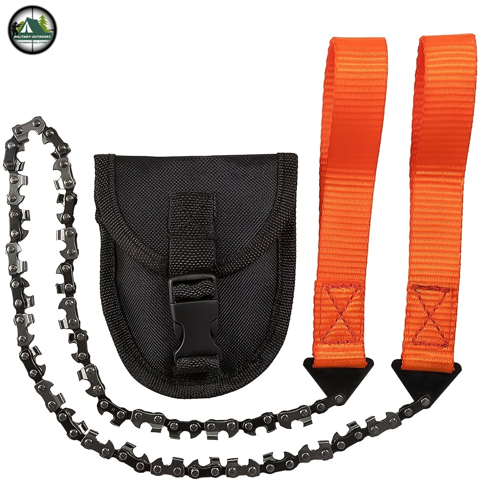 Ultimate pocket chainsaw with orange handles and black carrying pouch from Military-Outdoors.com