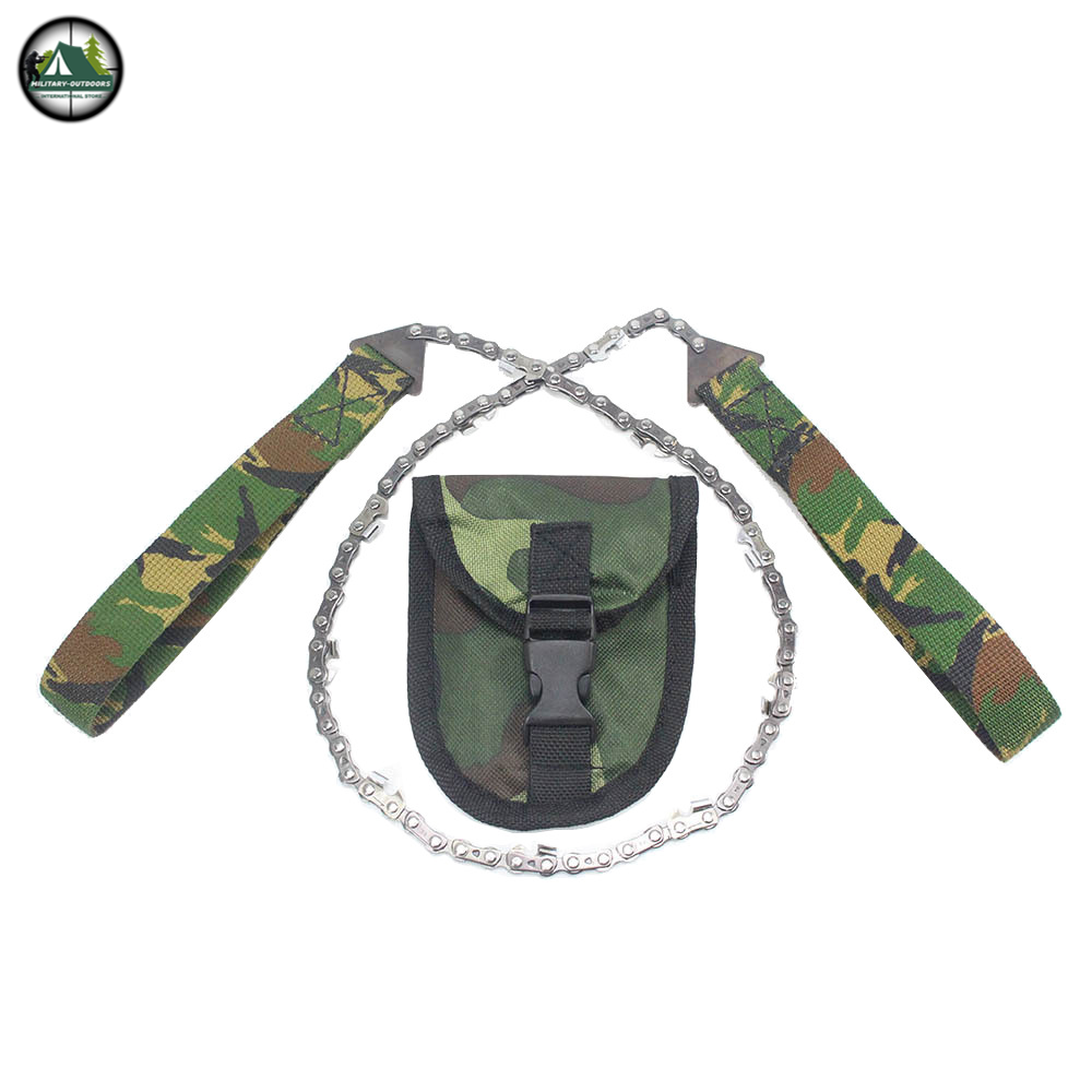 Military-Outdoors.com ultimate pocket chainsaw with camouflage handles and carrying pouch