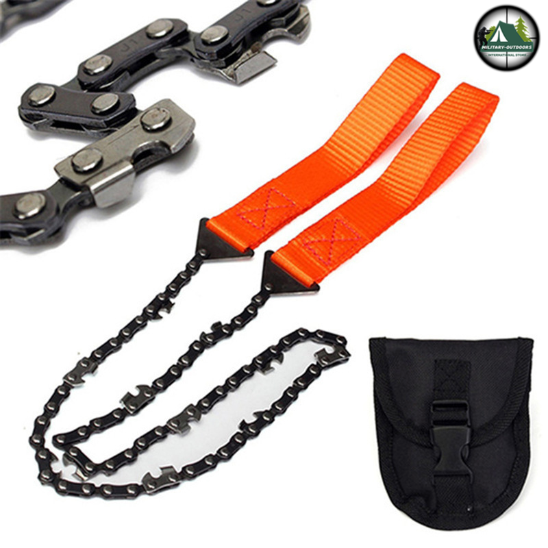 Ultimate pocket chainsaw with sharp chain links and orange handles with a black carrying pouch