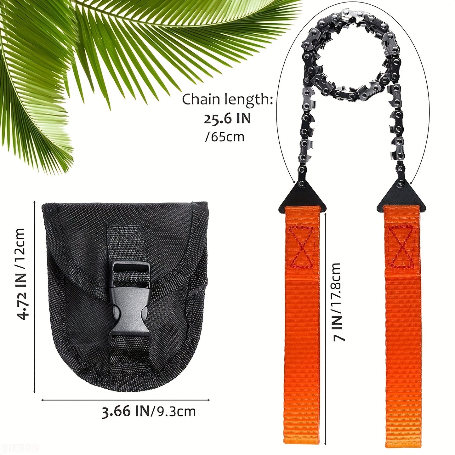 Ultimate pocket chainsaw with orange handles and black carrying pouch measuring 4.72 by 3.66 inches