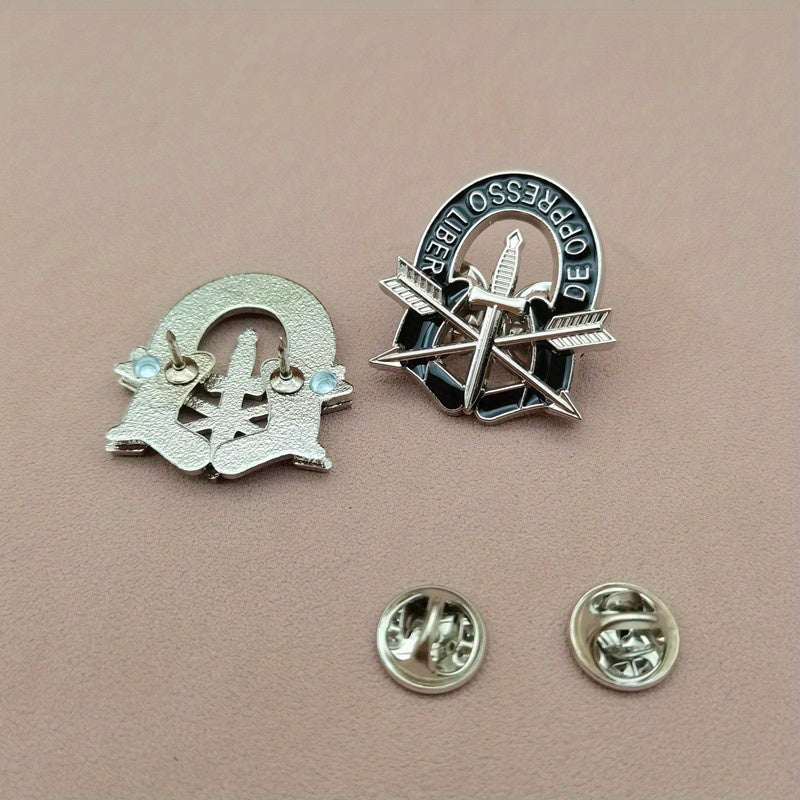 US Army pin showing front and back views of a silver military badge with clutch backs