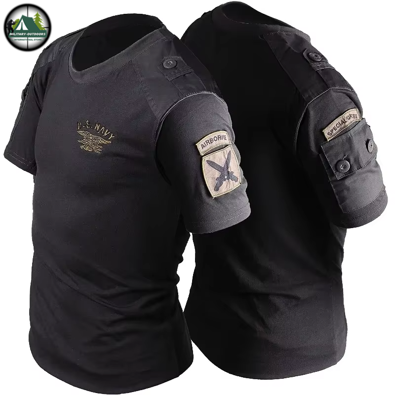 US Navy combat t-shirt in black with patch detailing for tactical versatility and comfort