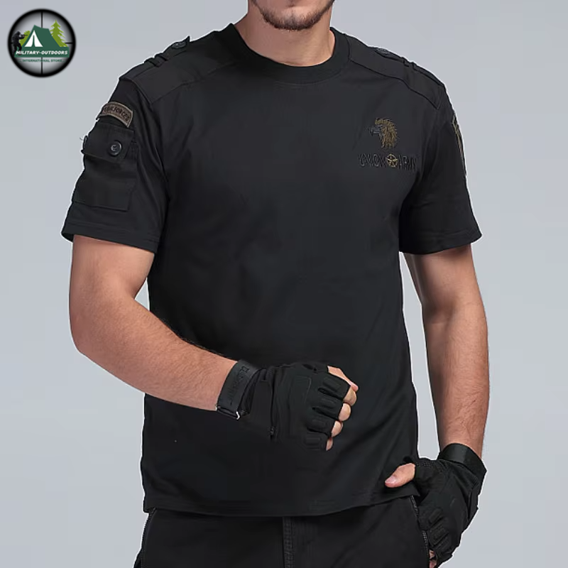 Black US Navy combat t-shirt with shoulder patches and tactical fit for outdoor activities