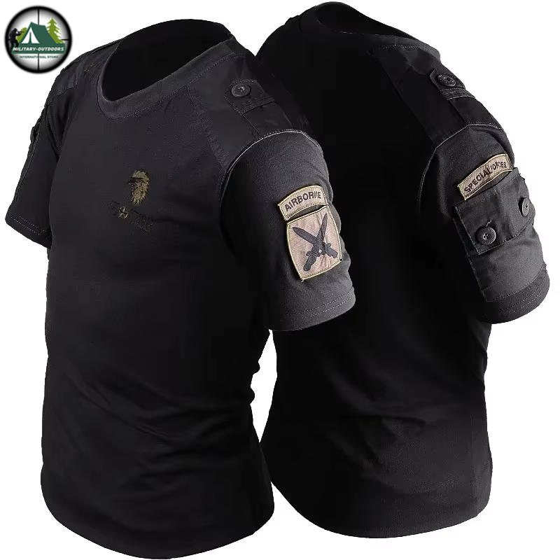 US Navy combat t-shirt in black with military patches and tactical design for outdoor activities