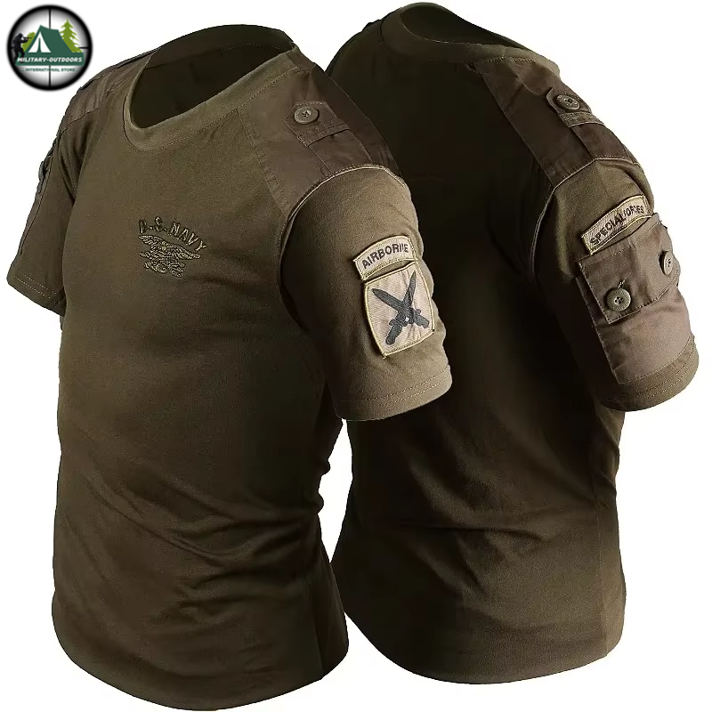 US Navy combat t-shirt in olive green with tactical patches and shoulder pockets for field use