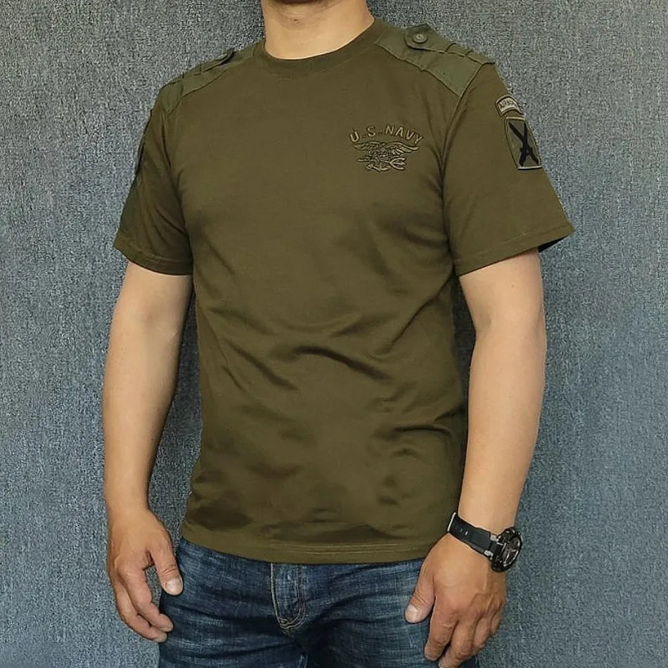 US Navy combat t-shirt in olive green with shoulder epaulets and embroidered logo