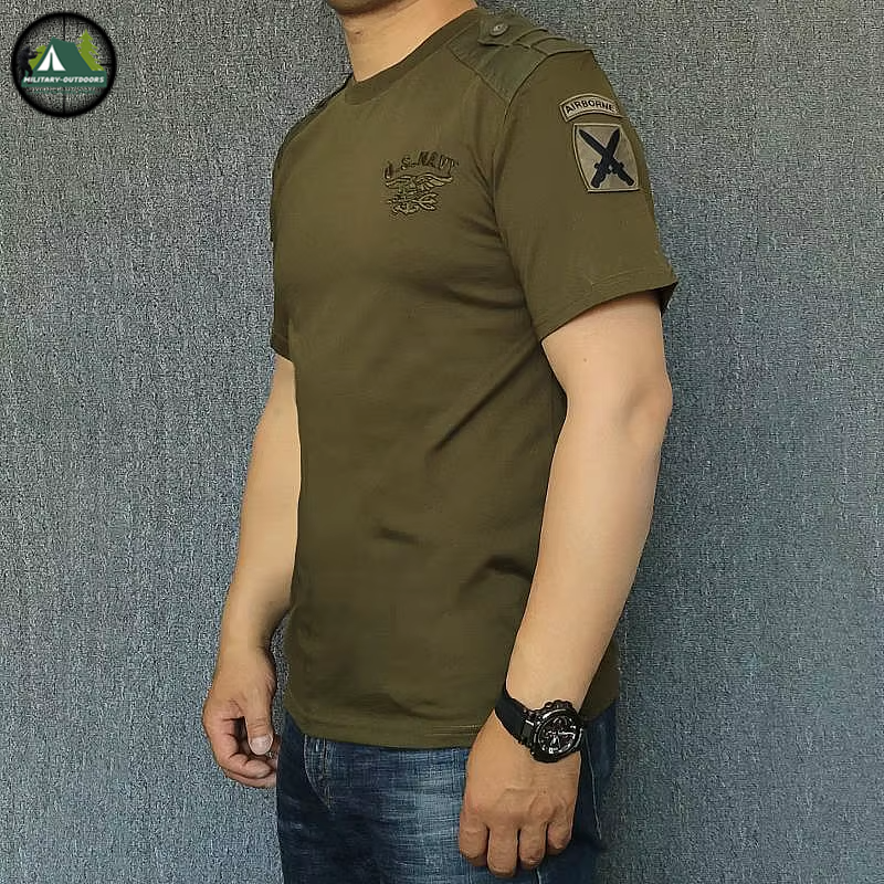 Khaki US Navy combat t-shirt with shoulder patches for tactical outdoor wear