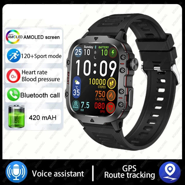 Military smart watch with AMOLED screen black band GPS route tracking and heart rate monitor