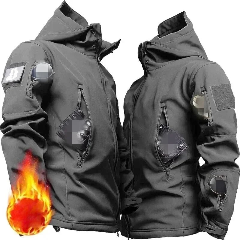 Black military winter jacket with multiple zippered pockets and durable design for cold weather