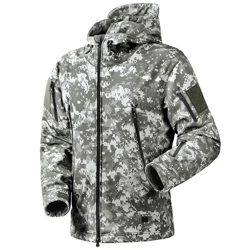 Military winter jacket in digital camo pattern with hood and multiple zippered pockets
