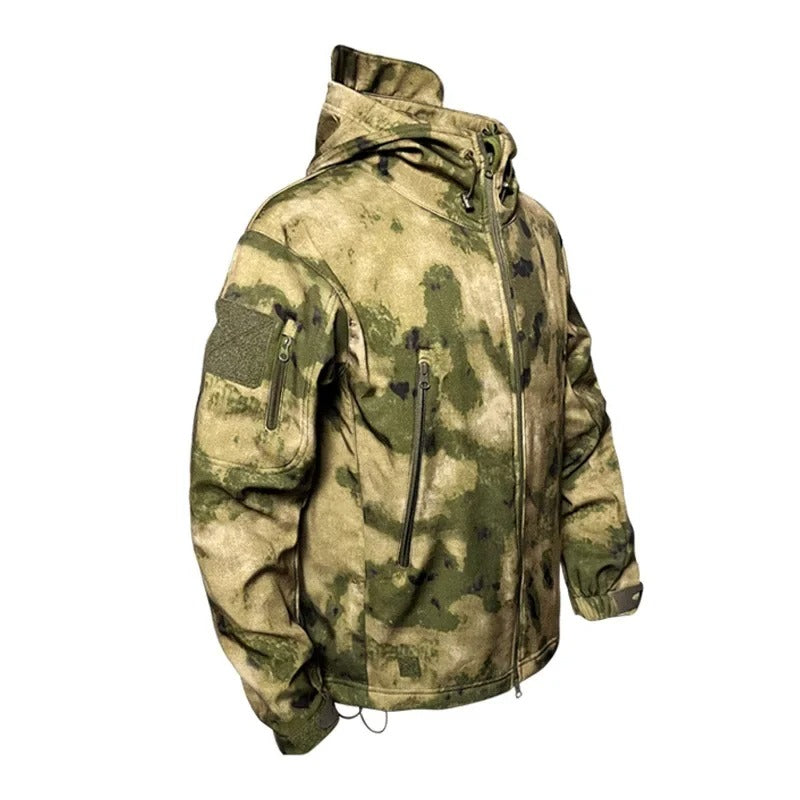 Military winter jacket in camouflage pattern with hood and multiple zippered pockets