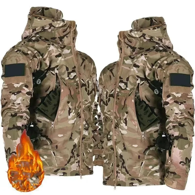 Military winter jacket in camouflage pattern with multiple pockets and durable zippers for cold weather
