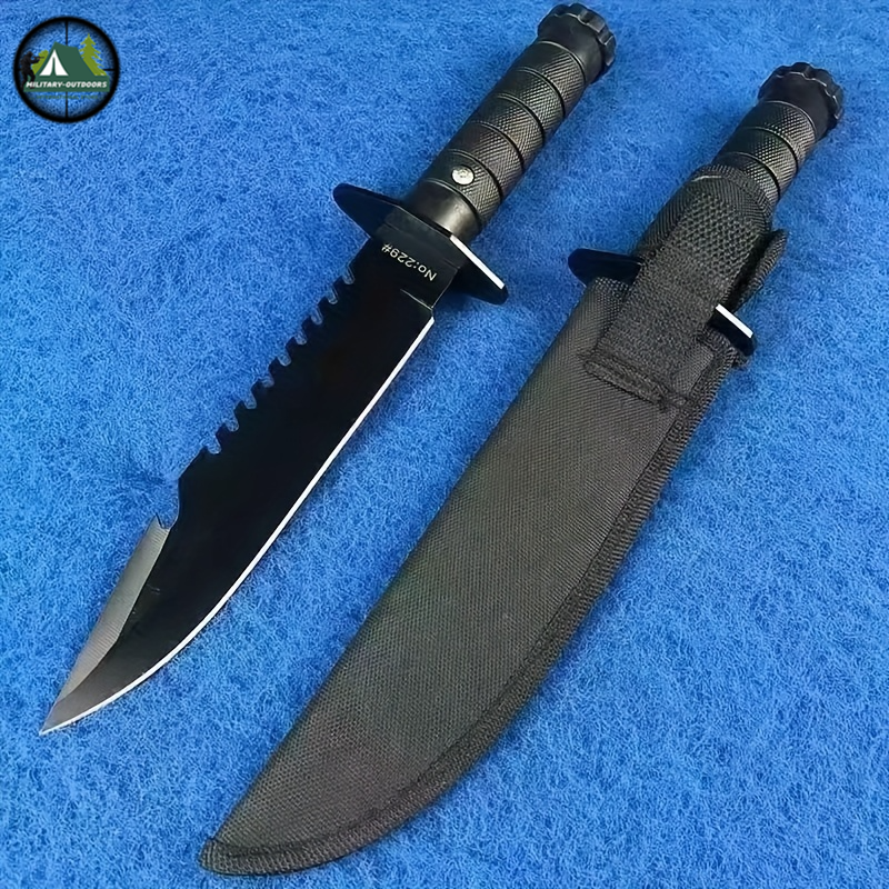 Military-Outdoors.com hunting and camping knife with black serrated blade and durable sheath