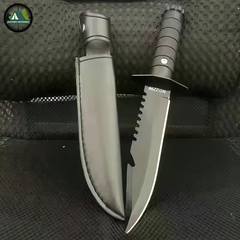 Military-Outdoors.com hunting and camping knife with serrated blade and black sheath