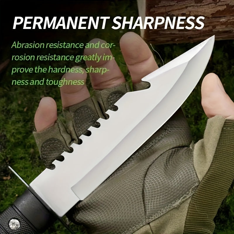 Military-Outdoors.com hunting and camping knife with serrated edge and sharp stainless steel blade held in tactical glove
