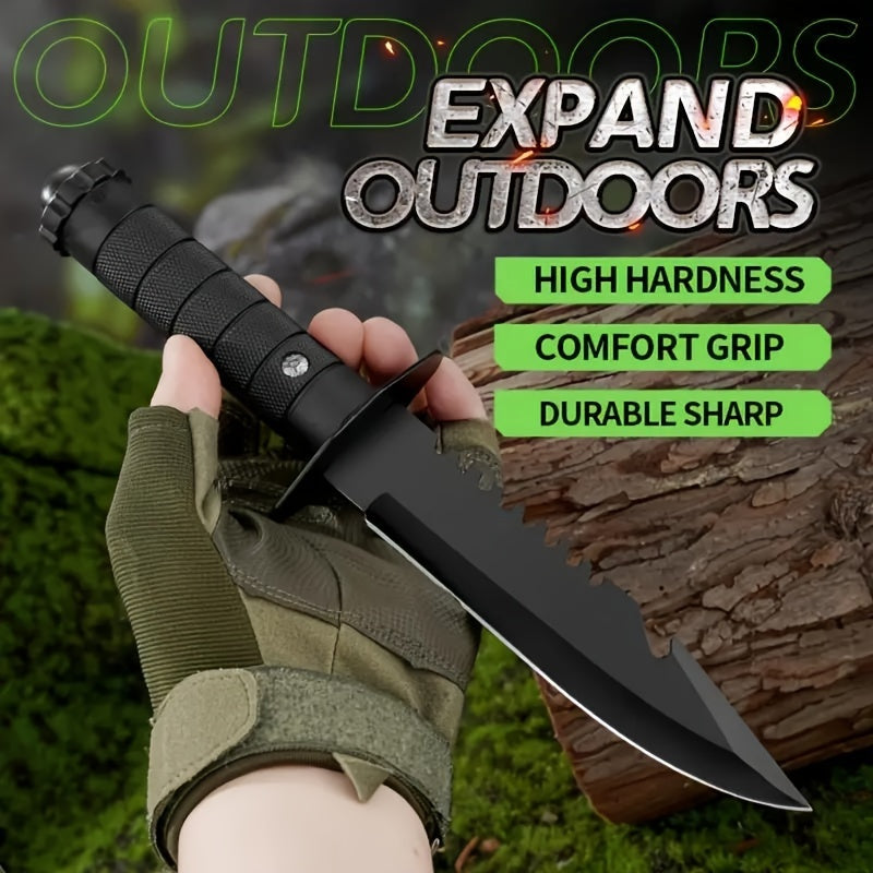 Military-Outdoors.com hunting and camping knife with black blade and comfort grip handled in hand