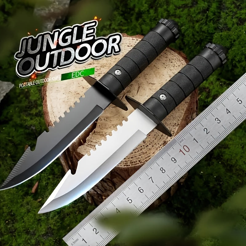 Military-Outdoors.com black and silver hunting and camping knife with textured grip and serrated blade edges