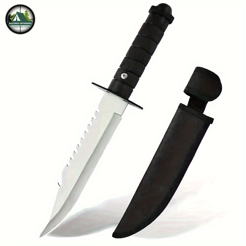 Military-Outdoors.com white hunting and camping knife with serrated blade and black handle with sheath