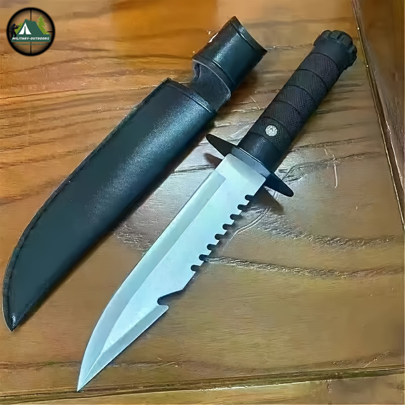 Military-Outdoors.com hunting and camping knife with serrated blade and black handle with sheath