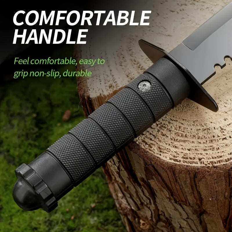 Hunting and camping knife with comfortable non-slip durable handle on wooden stump