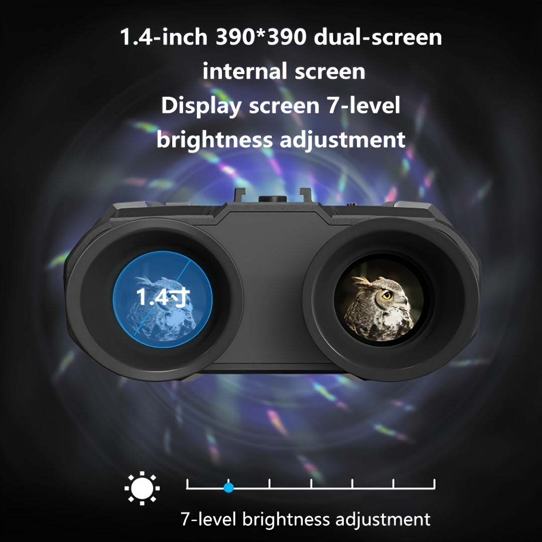 HD night vision binoculars front view showing dual one point four inch internal screens with 7 level brightness and owl image