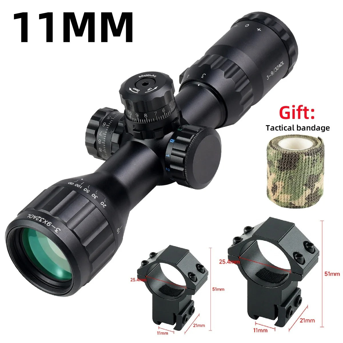Black 3-9x32 rifle scope for sniper with 11mm mount rings and camouflage tactical bandage gift