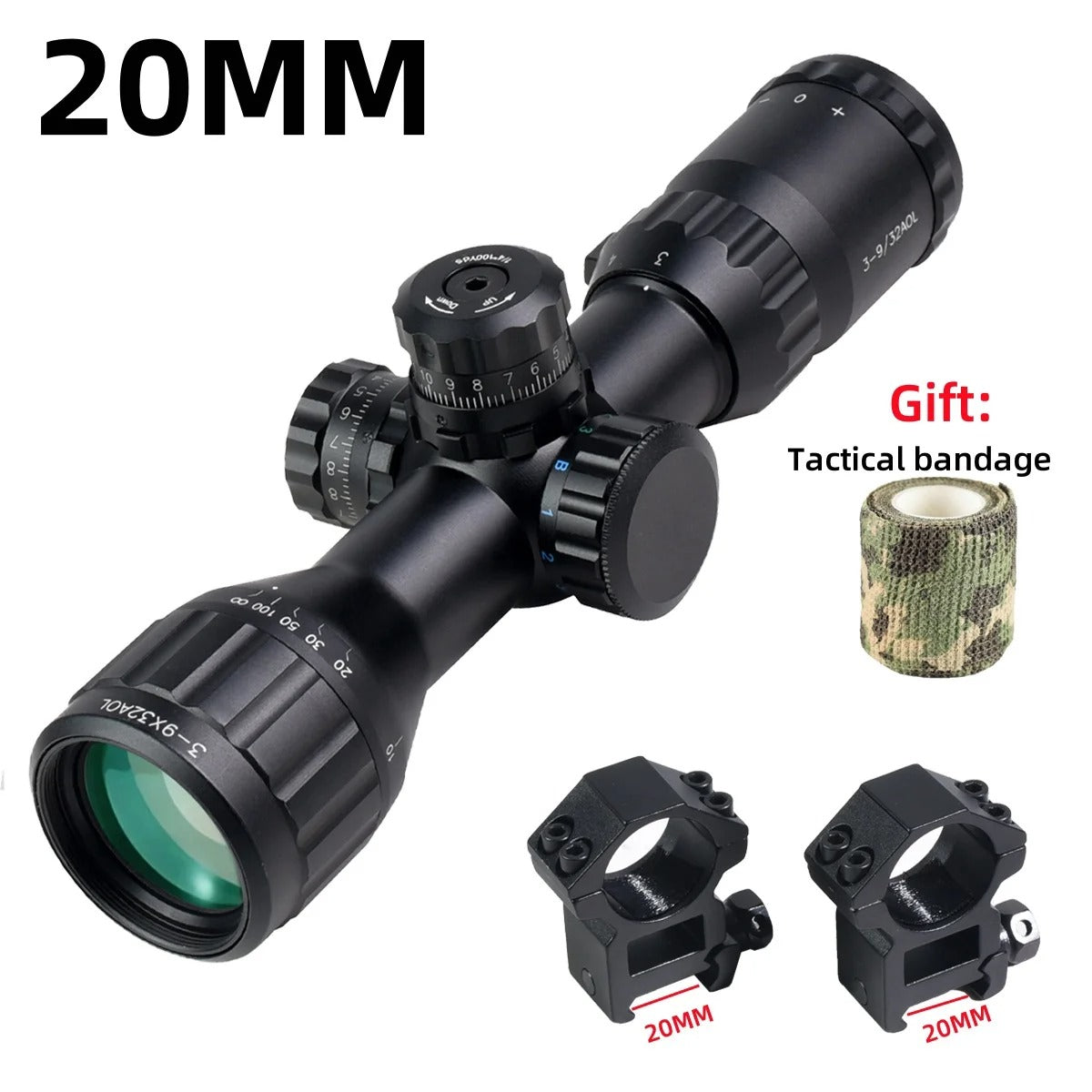 3-9x32 rifle scope tactical sniper scope with 20mm mounts and camo bandage gift by Military Outdoors