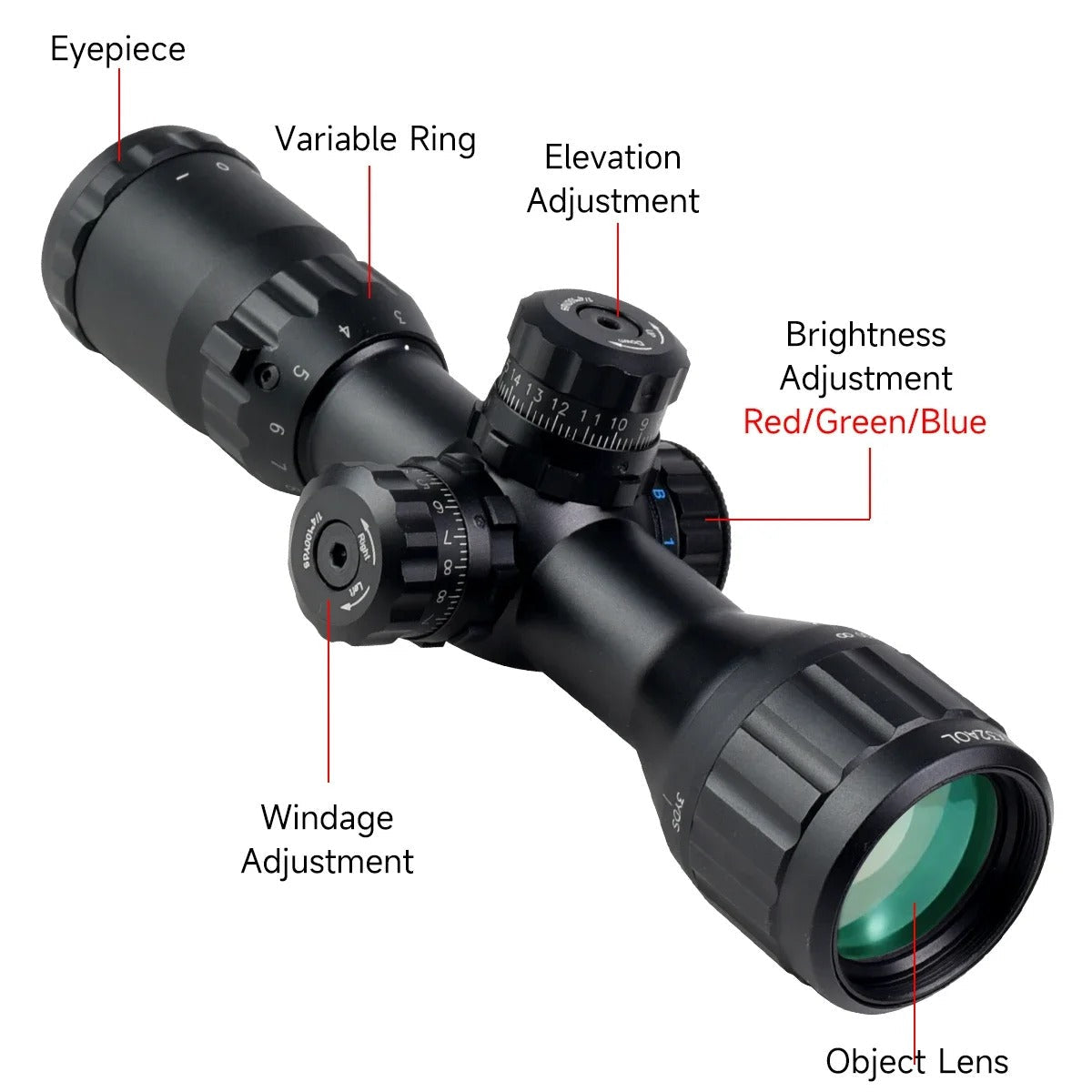 Military Outdoors 3-9x32 rifle scope with illuminated red green blue reticle, windage and elevation knobs