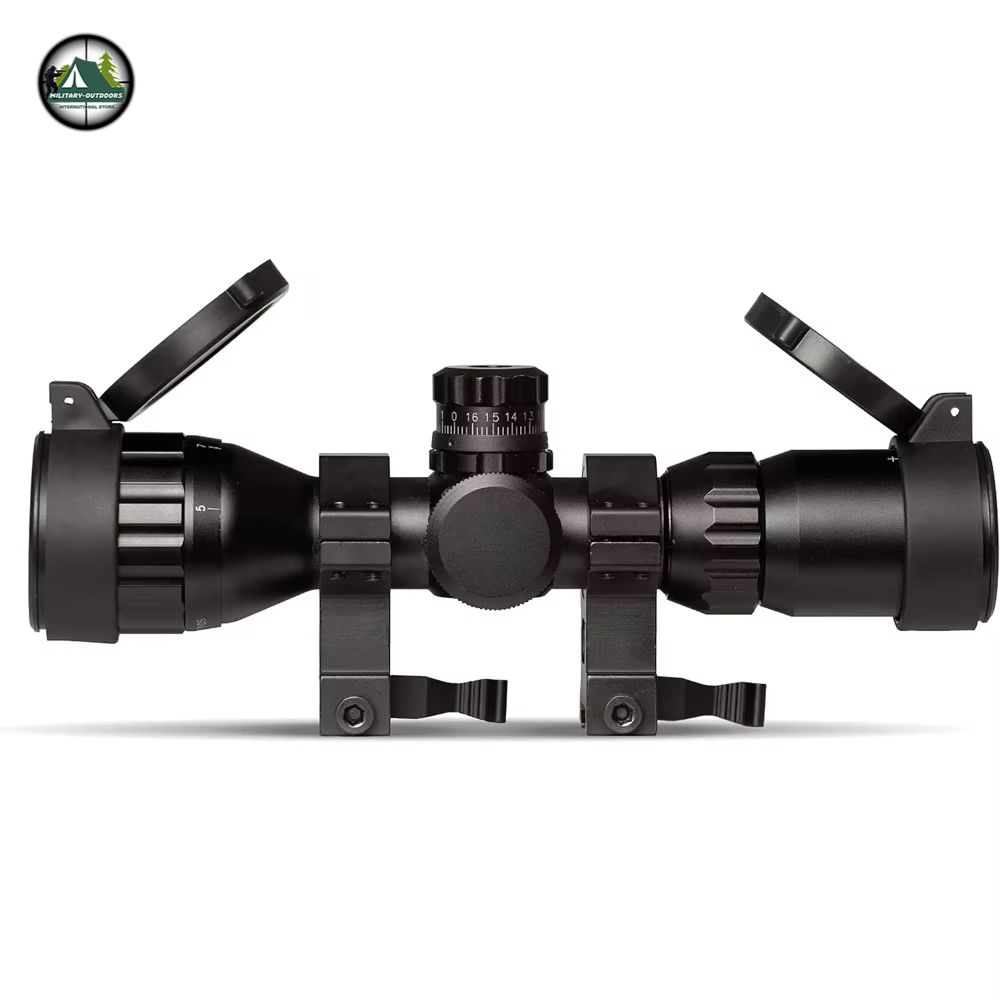 Military-Outdoors.com black sniper scope with flip-up lens covers and tactical mounts 3-9x32 rifle scope