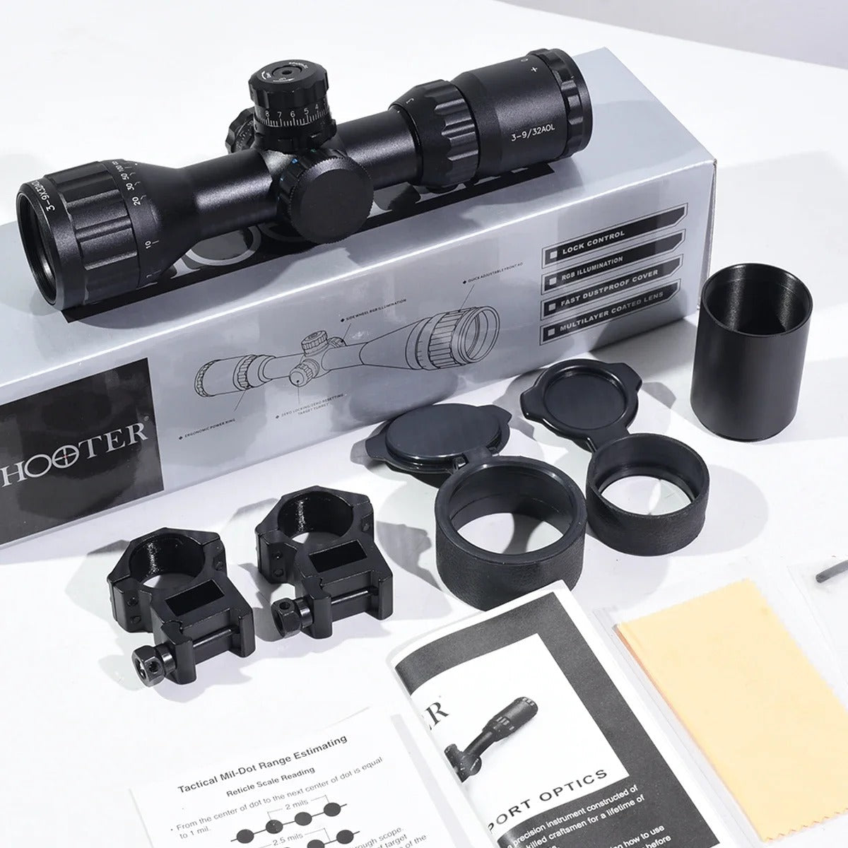 Sniper 3-9x32 rifle scope with mounting rings lens caps sunshade and cleaning cloth for precision shooting