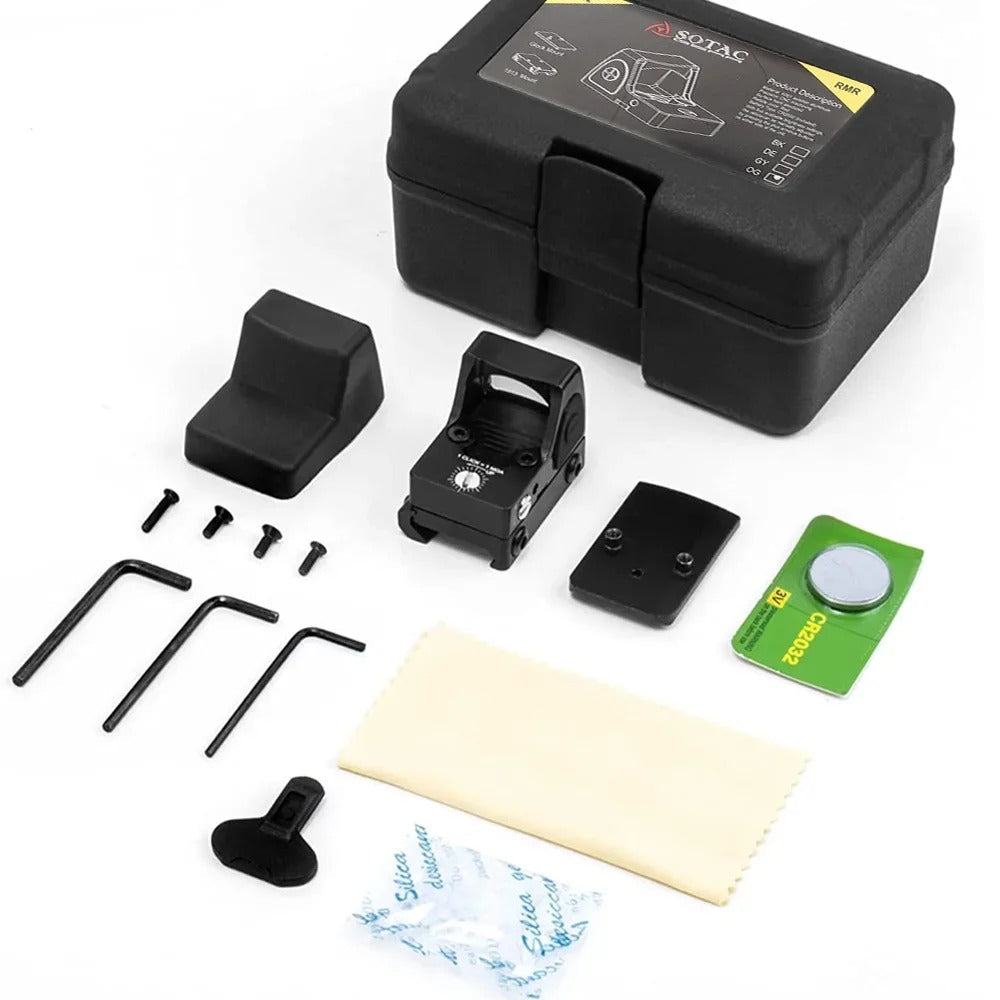 RMR red dot sight kit with mounting tools, battery, cleaning cloth, and protective case from Military-Outdoors.com
