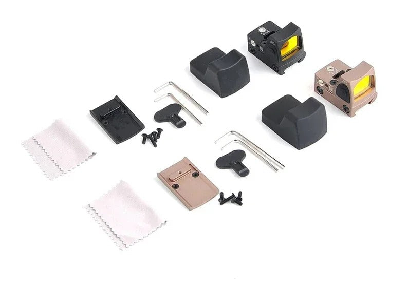RMR red dot sight kit with black and tan sights, mounting tools, lens covers, and cleaning cloths