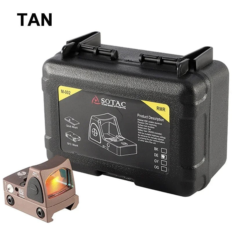 Tan RMR red dot sight with protective black carrying case from Military-Outdoors.com