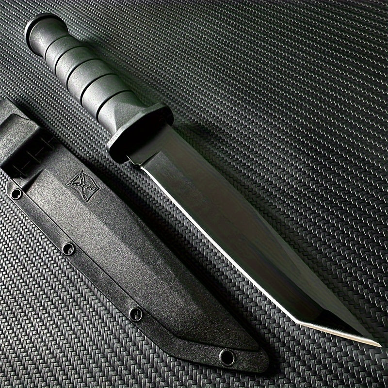 Military-Outdoors.com stainless steel army knife with black handle and protective sheath on textured surface