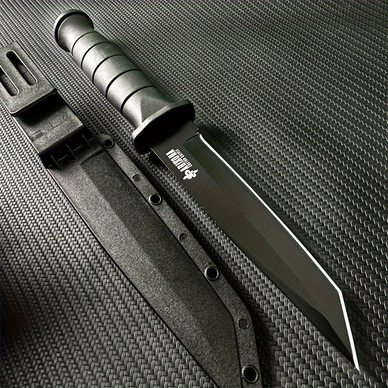 Military-Outdoors.com stainless steel army knife with black handle and sheath on textured surface