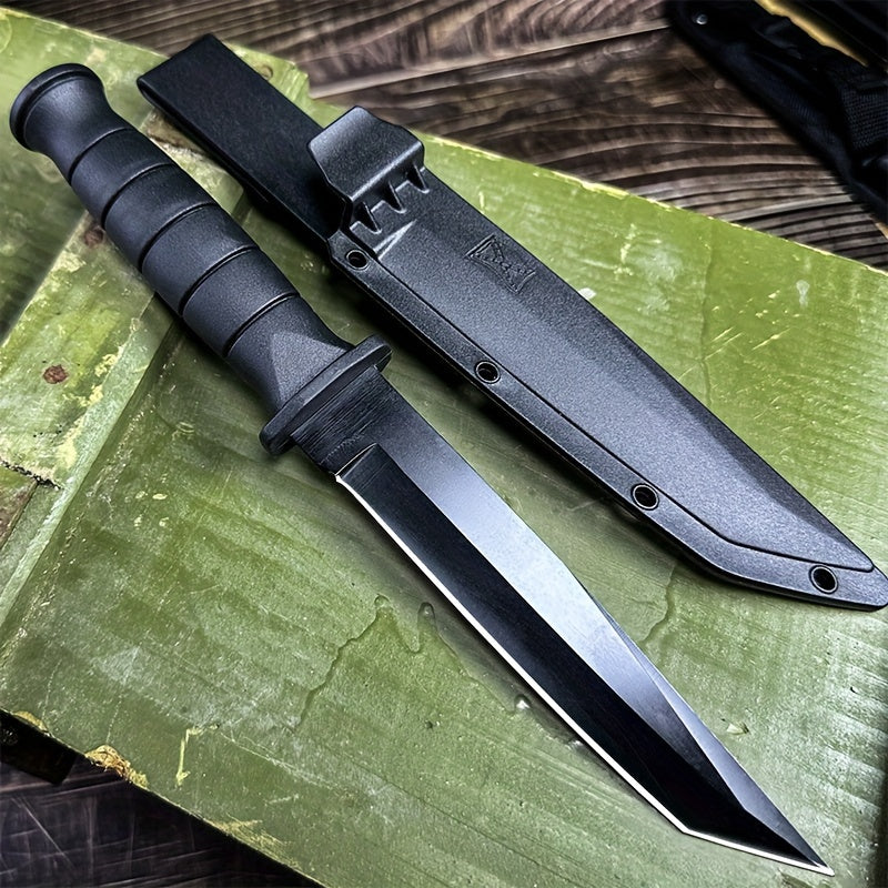 Stainless steel army knife with black handle and protective sheath on green surface from Military-Outdoors.com