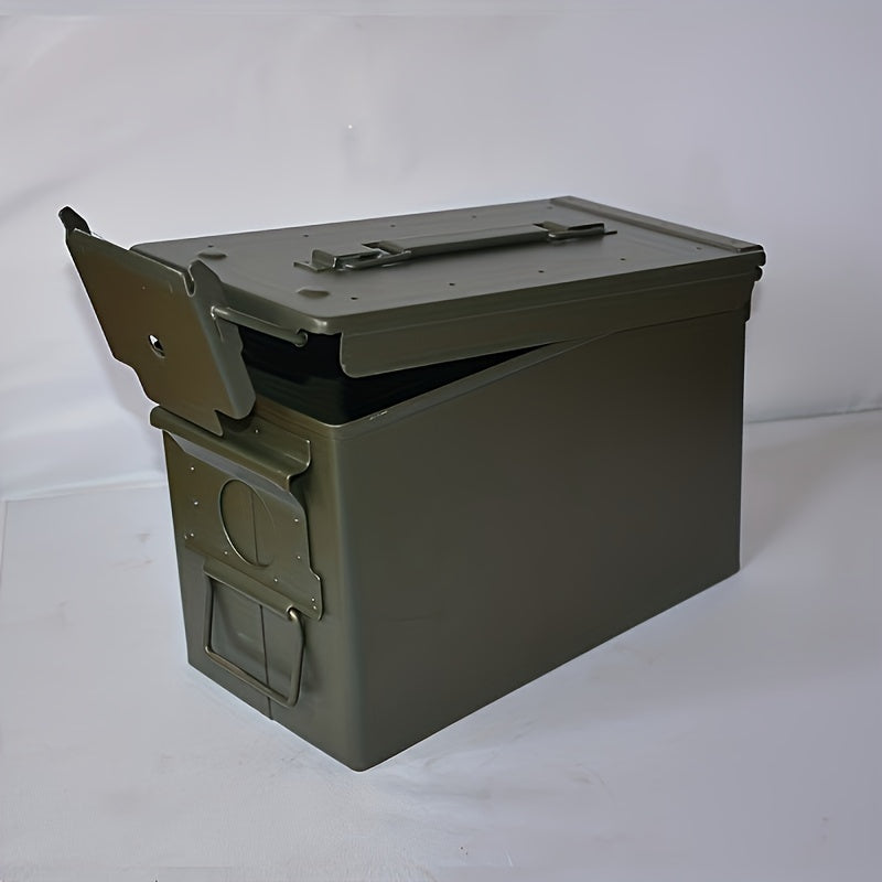 Olive drab military style metal storage box with lock hasp hinged lid top handle for secure storage