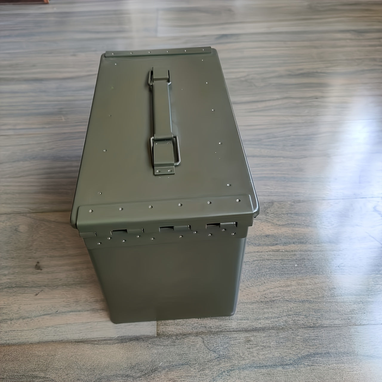 Olive drab military ammo box metal storage box with lock hinged lid top handle and rivets