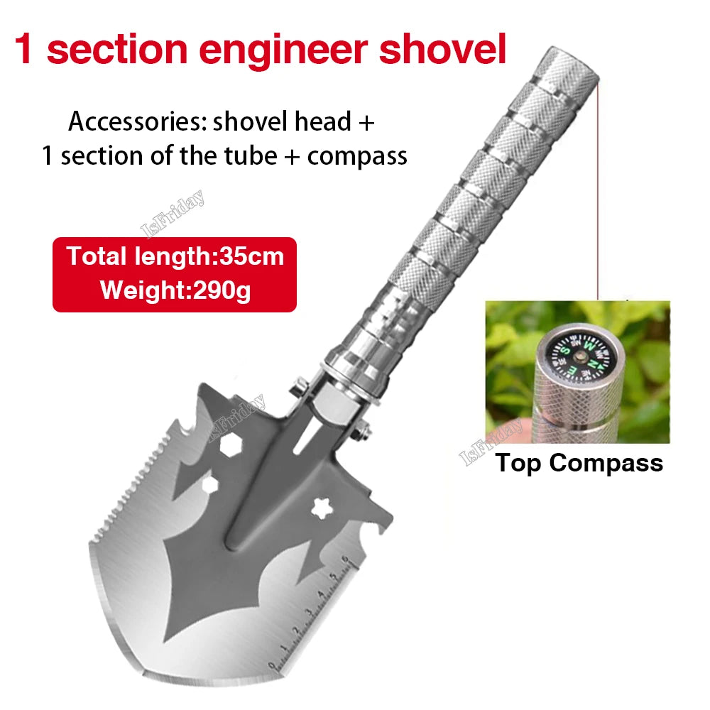 Folding military shovel one section engineer shovel with knurled handle serrated blade and top compass