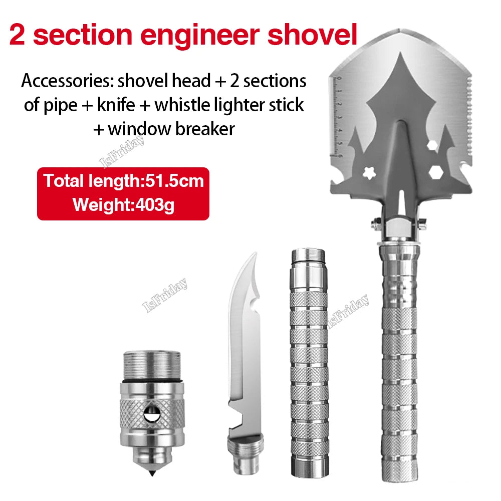 folding military shovel 2 section stainless steel tactical survival tool with detachable knife whistle and window breaker