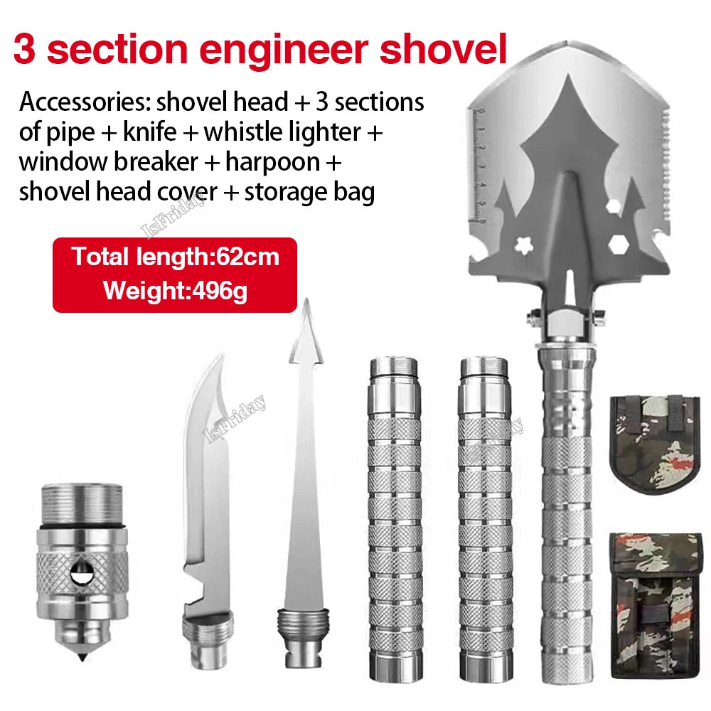 folding military shovel 3 section stainless steel survival entrenching tool with knife harpoon whistle and storage bag