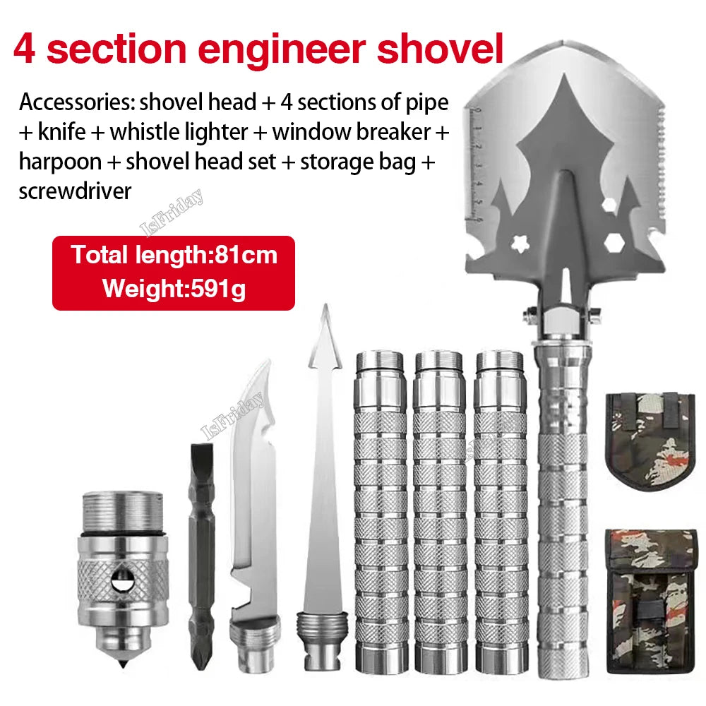folding military shovel kit with 4 section stainless shovel head and handle plus knife harpoon screwdriver and camo storage bag