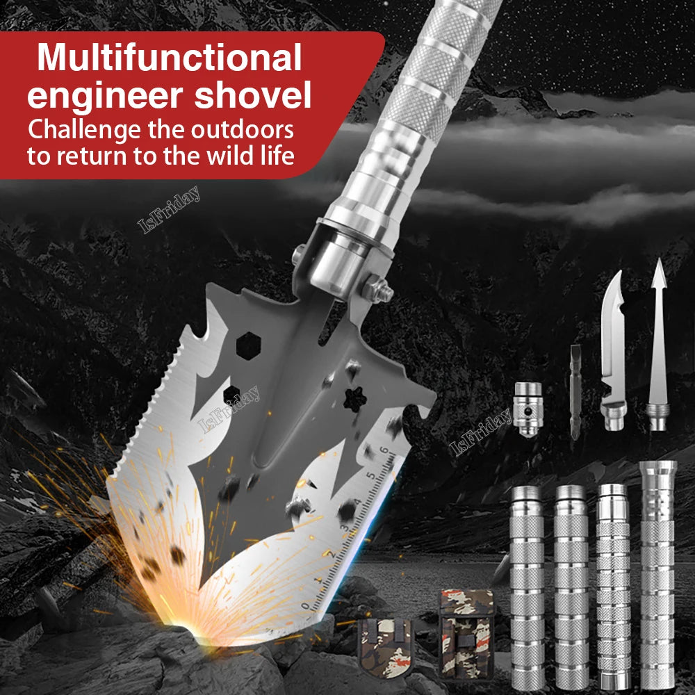folding military shovel multifunctional engineer shovel with serrated blade detachable pick and compact handle for camping