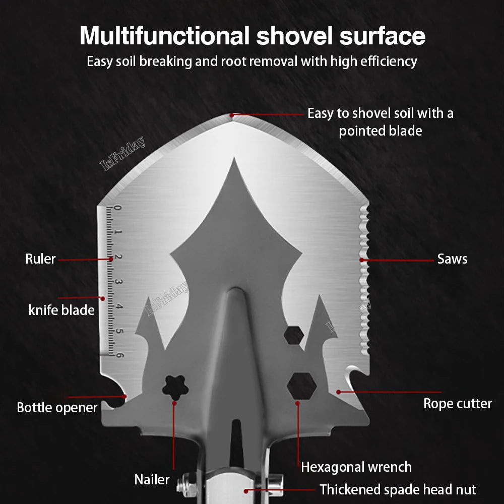 Durable folding military shovel with serrated blade ruler bottle opener rope cutter and hex wrench