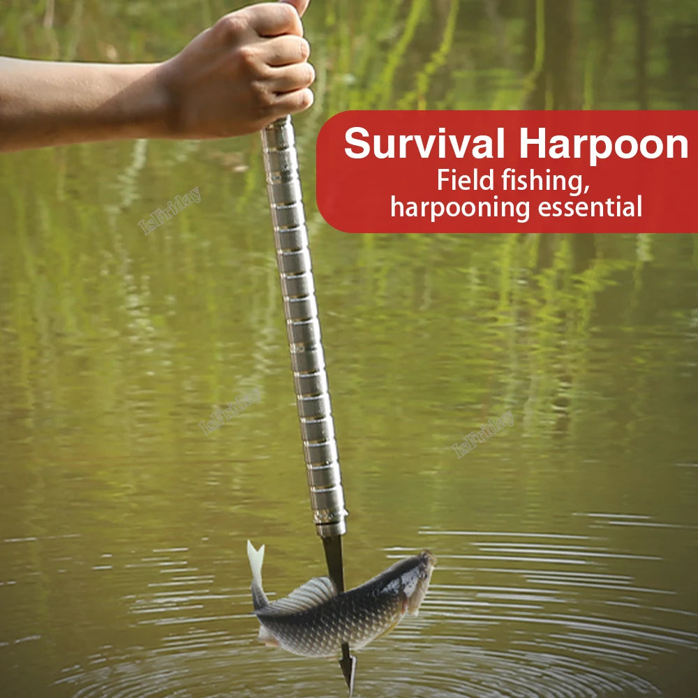 folding military shovel used as survival harpoon for field fishing and emergency outdoor use